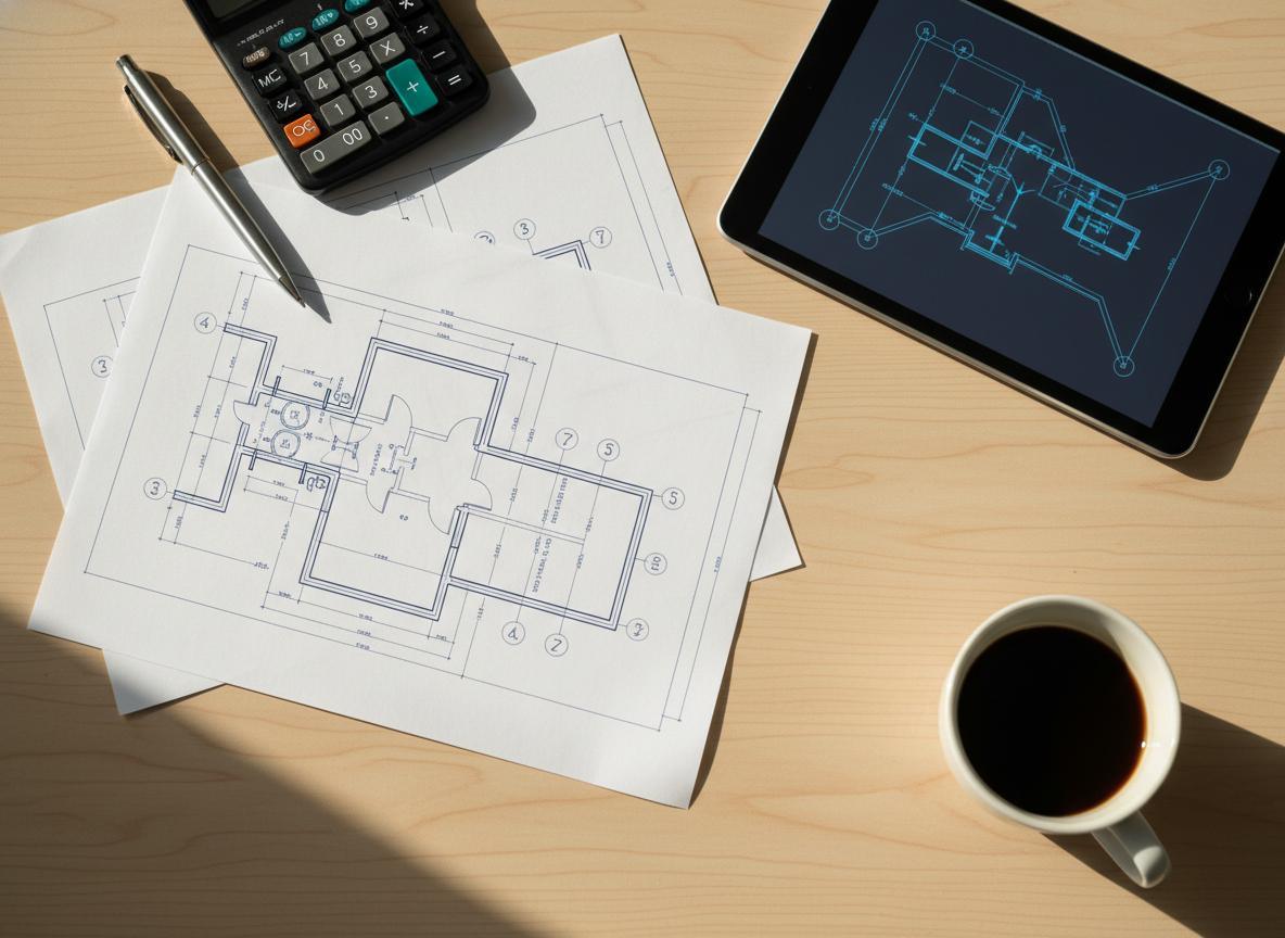 Plantas técnicas, calculadora e tablet sobre mesa de trabalho