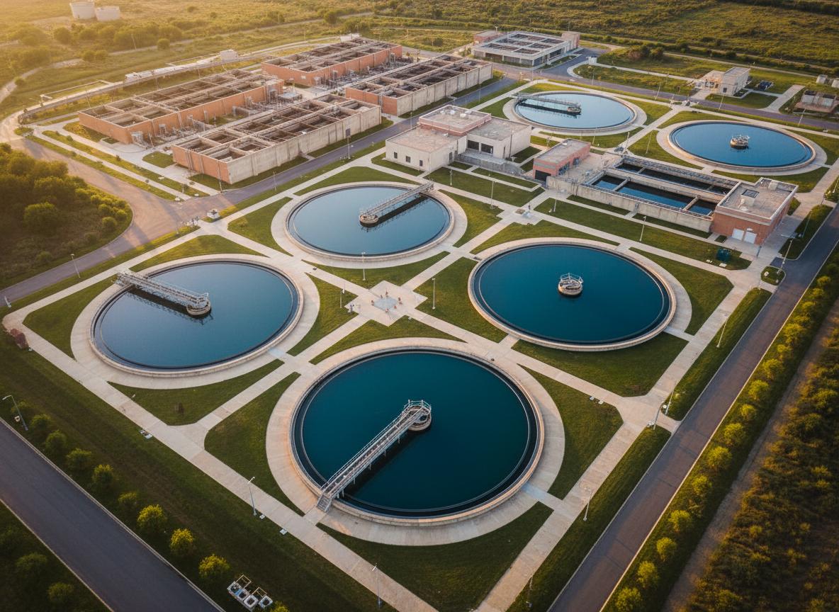 Vista aérea de estação de tratamento com decantadores circulares