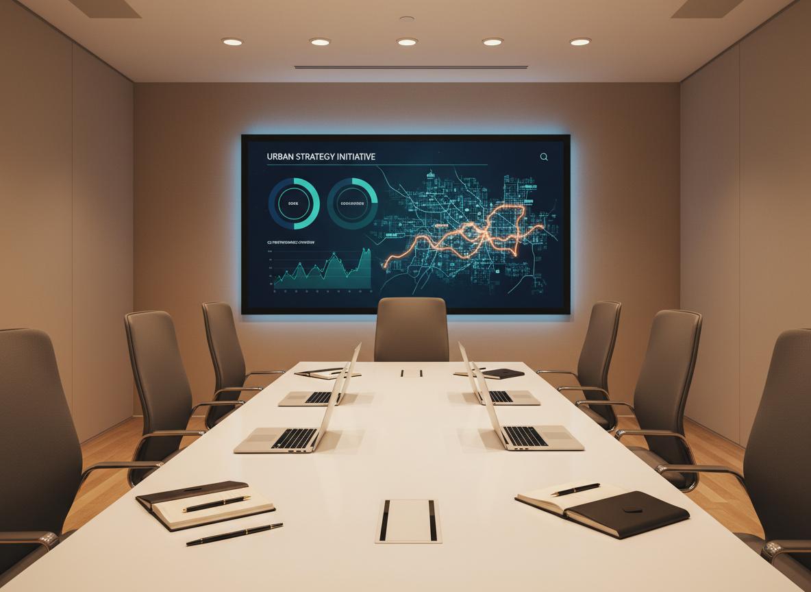 Sala de reuniões com painel de indicadores estratégicos